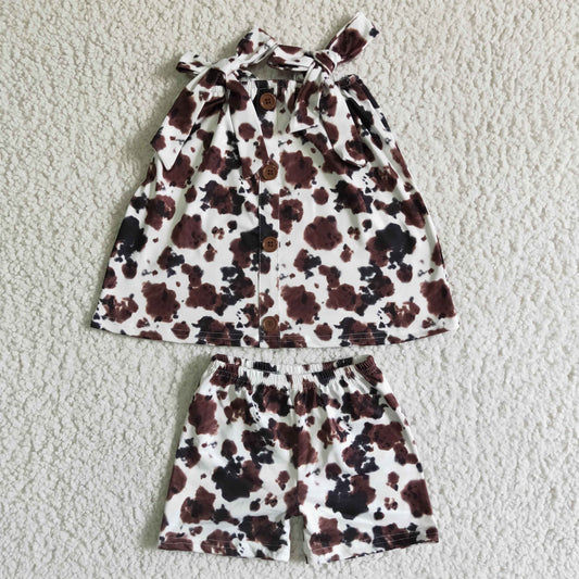 cute girl new style  adjustable shoulder straps tank and milk cow print shorts set