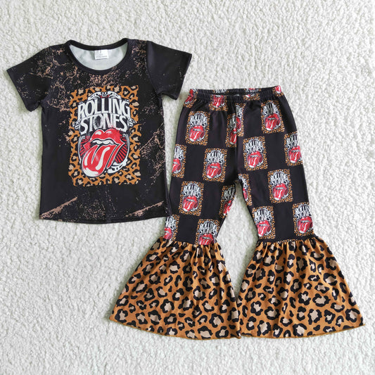 girl black short sleeve top match leopard stitching flare pants set