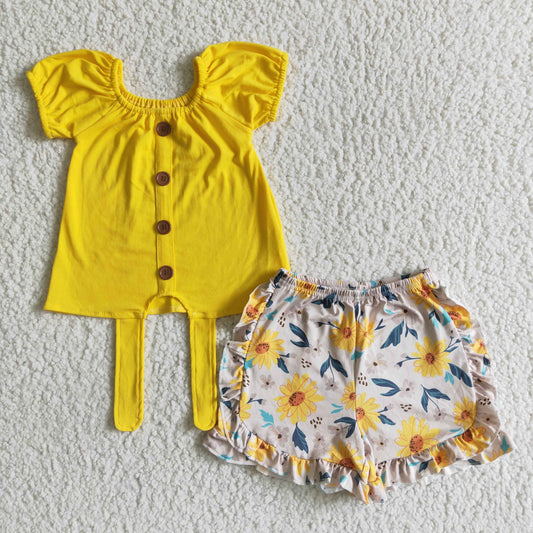 fashion girl yellow puff sleeve top with bow and flowers pattern shorts 2pcs