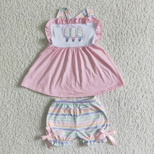 girl pink halter top with embroidery popsicle match stripes shorts summer outfit