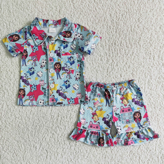 girl summer short sleeve pajamas suit kids turn-down collar outfit with pocket