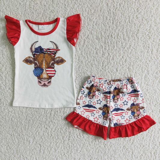 girl summer fashion style short sleeve outfit kids Independence Day 2pcs with star and cow pattern