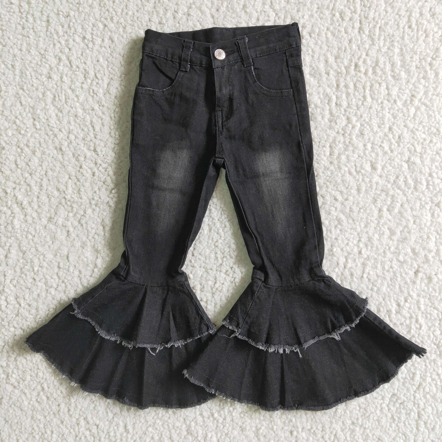 girl high quality bleached jeans kids black double ruffles denim bell pants with zipper