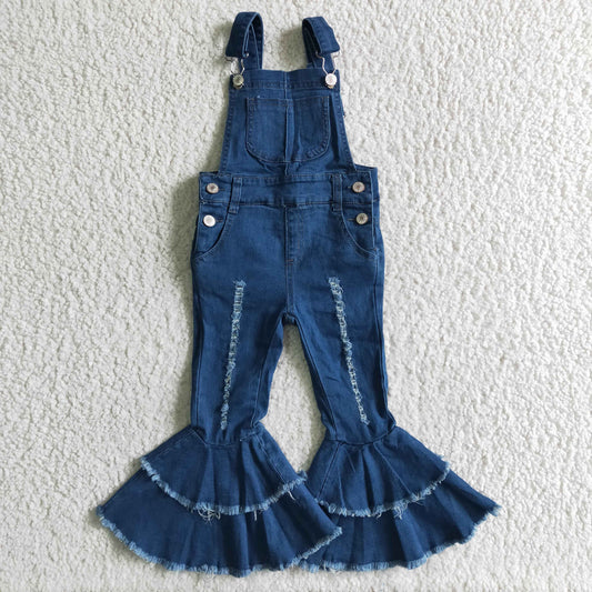 girl high quality blue overalls with double ruffles