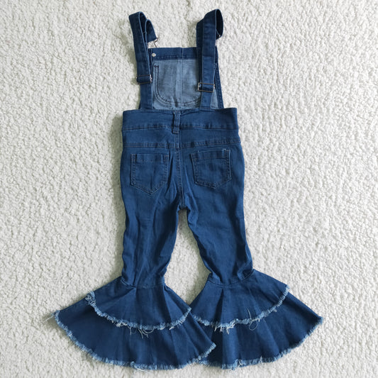 girl high quality blue overalls with double ruffles