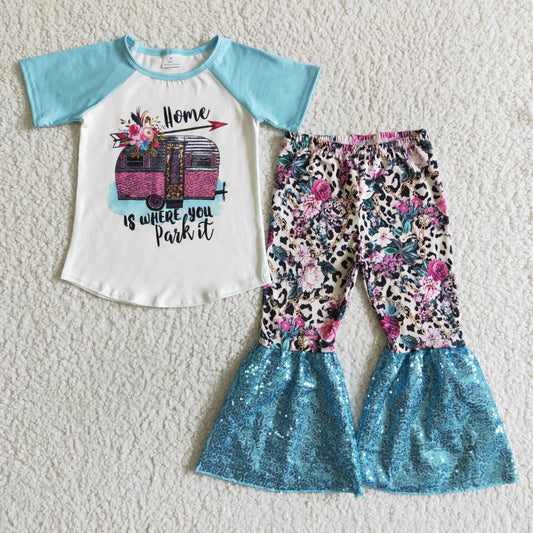 girl raglan shirt and sequin bell pants 2pcs kids flowers outfit