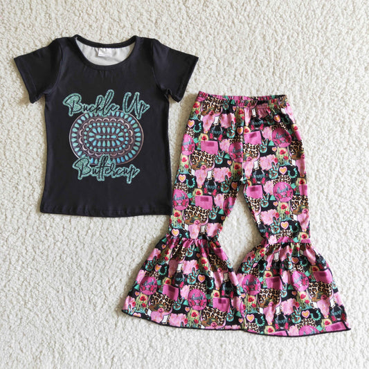 new arrival girl fashion outfit kids white top and cactus flare pants 2pcs