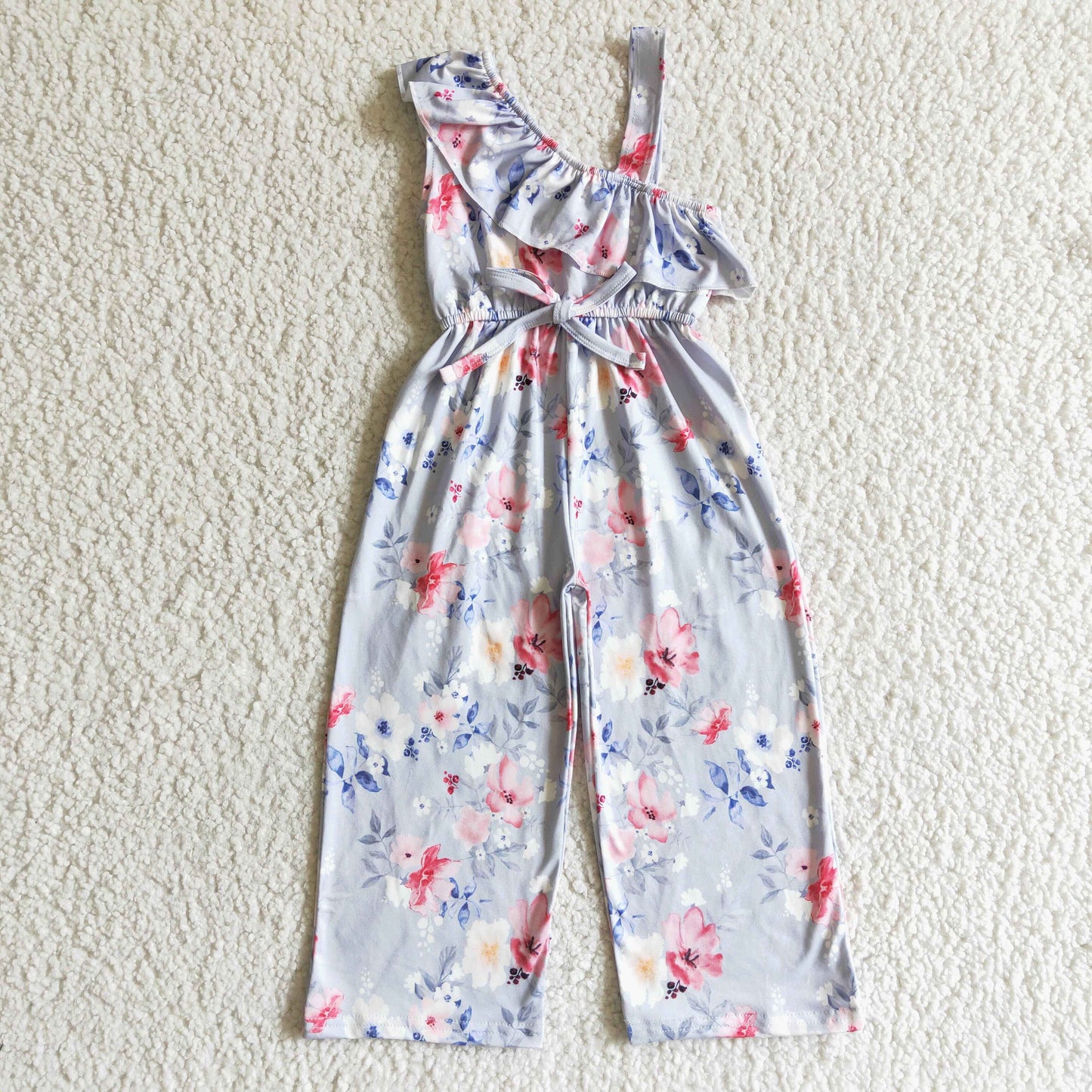 fashion girl sloping shoulders overall with flower print with elastic waist