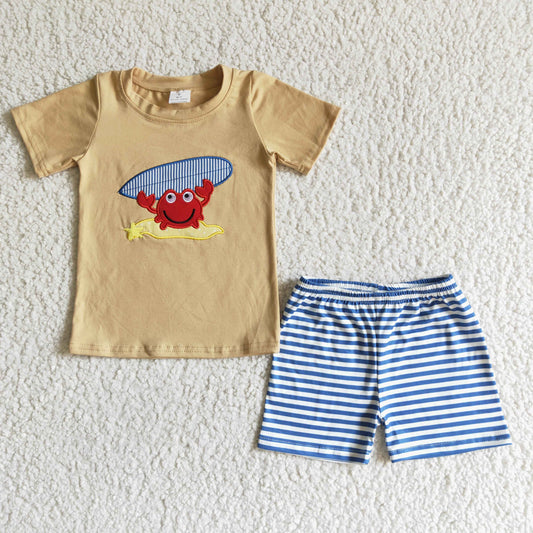 boy crab print shirt match white and blue stripes shorts outfit for summer