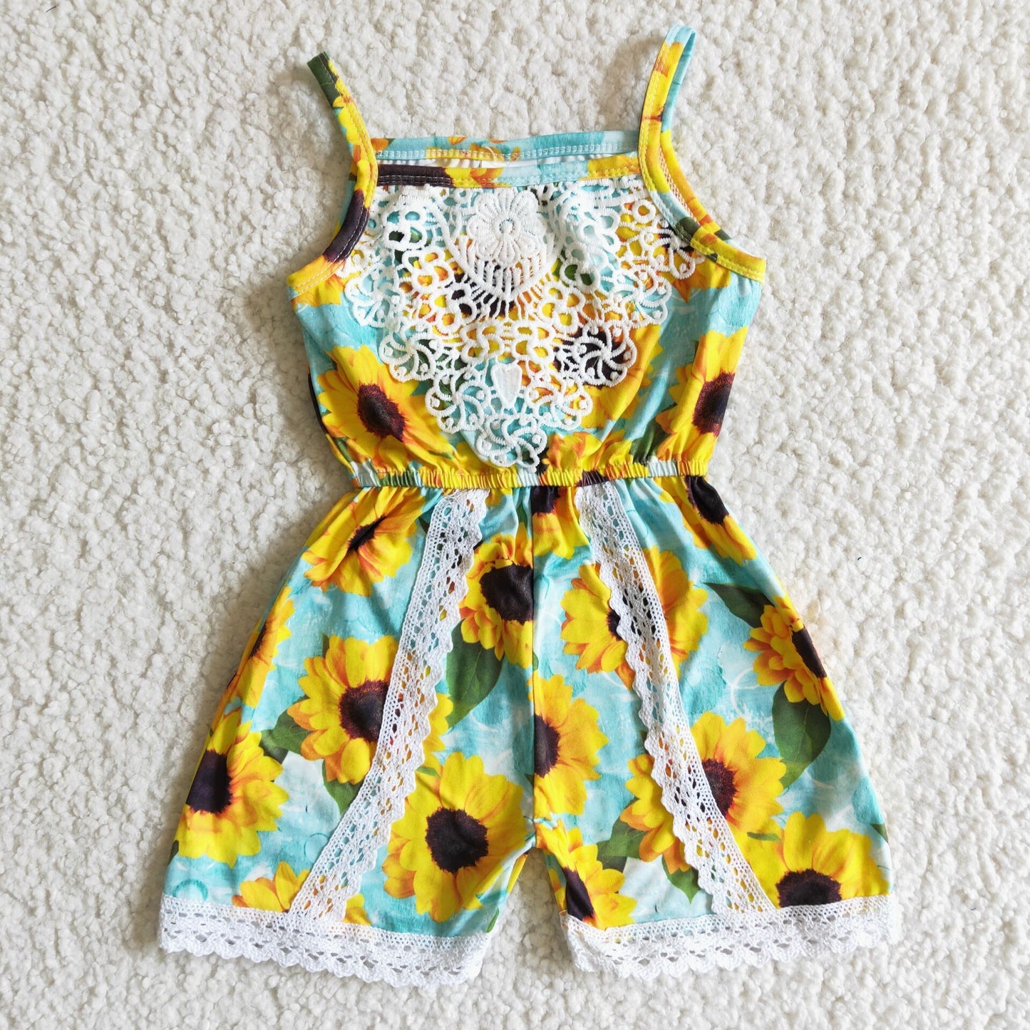 girl high quality summer sunflowers pattern overalls infants summer jumpsuit with lace