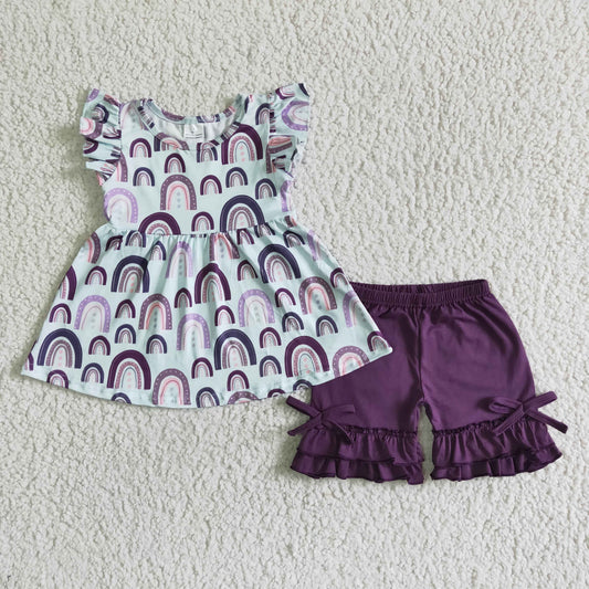girl rainbow short sleeve tunic match dark purple shorts 2pcs with bow
