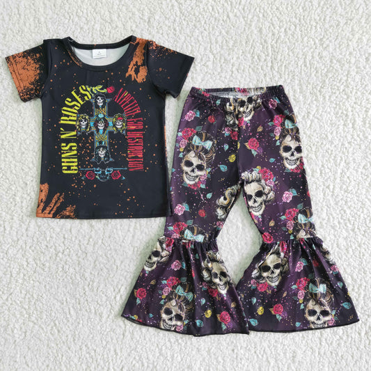 girl black short sleeve top and flare pants set with flowers