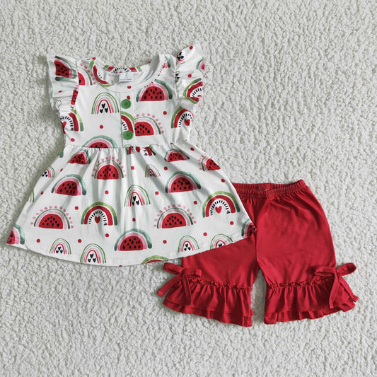 girl summer flutter sleeve tunic match red cotton shorts kids watermelon outfit