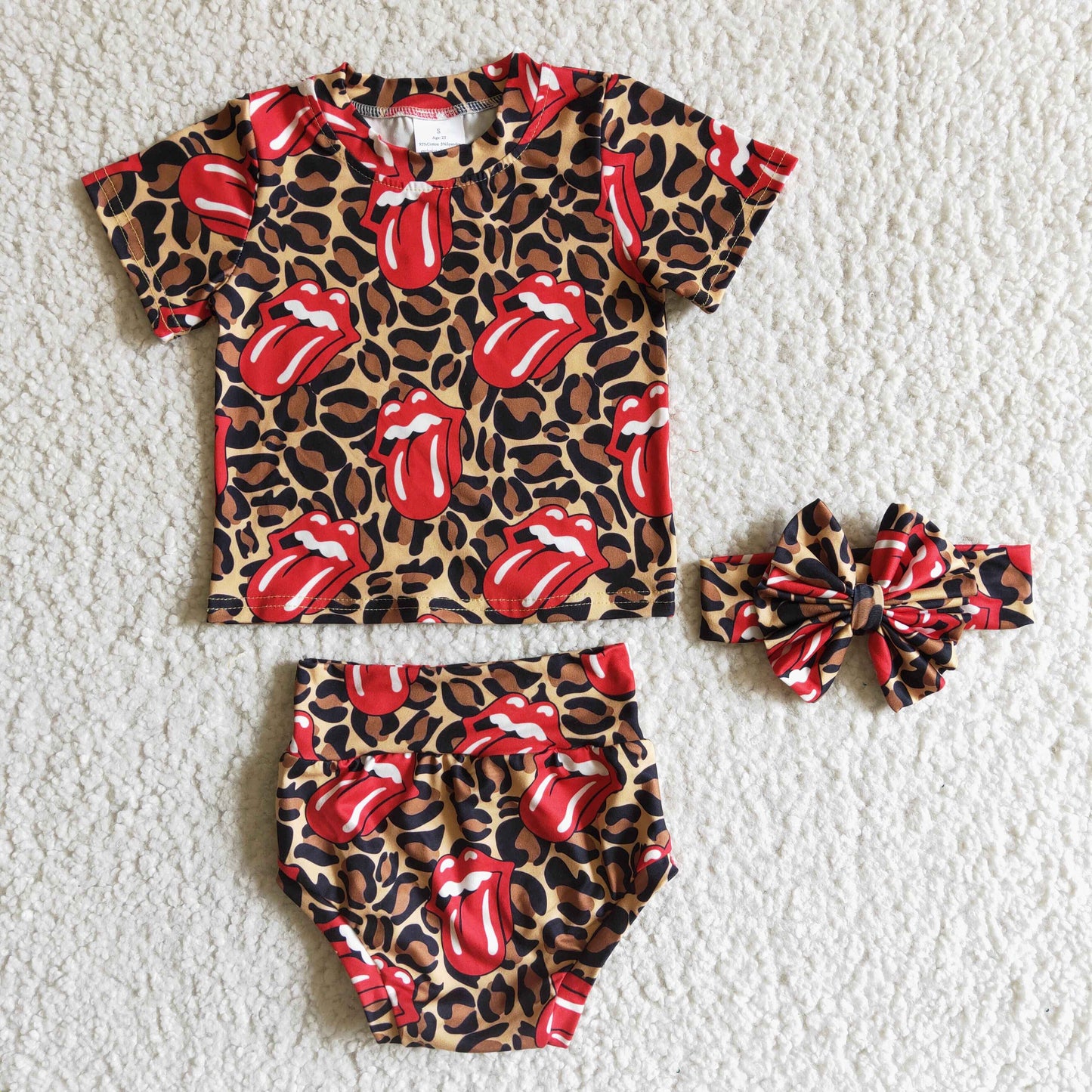 infants baby fashion leopard print outfit girl short sleeve top and bummie set with headband