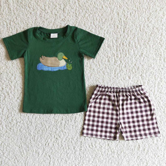 boy new arrival green top with embroidery duck and plaid shorts 2pieces set