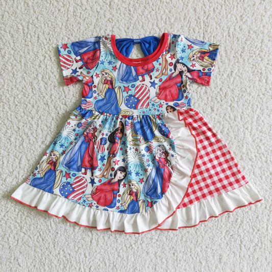 girl sweet heart and star pattern twirl dress kids July 4th stitching frock with bow