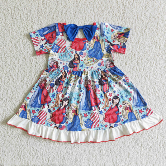 girl sweet heart and star pattern twirl dress kids July 4th stitching frock with bow