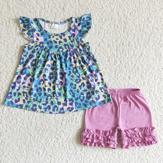 kids ready to ship outfit for summer girl blue leopard tunic match purple icing ruffle shorts set