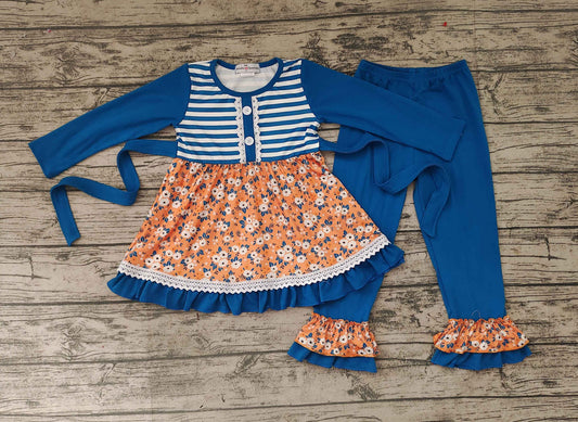 girl long sleeve top and blue long pants 2pcs kids autumn floral outfit