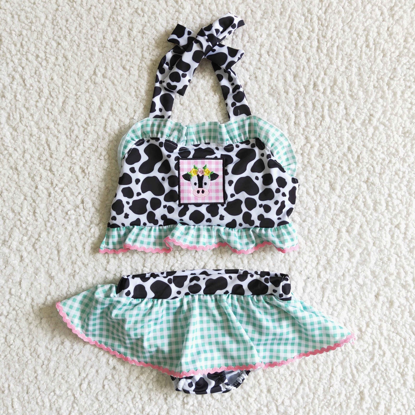 baby girls summer fashion swimming suit with milk cow embroidery