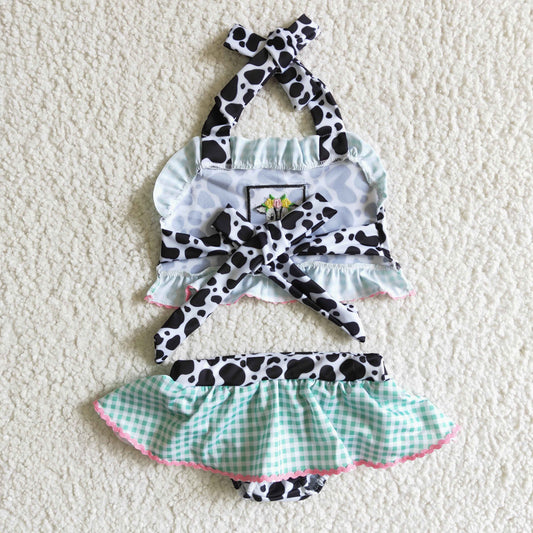 baby girls summer fashion swimming suit with milk cow embroidery