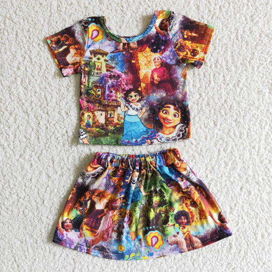 girl cute print outfit with short sleeve top and skirt