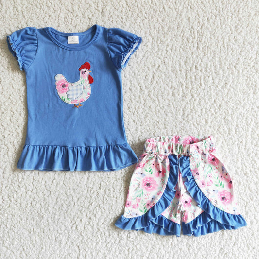 girl high quality cotton blue top match flowers pattern ruffle shorts set