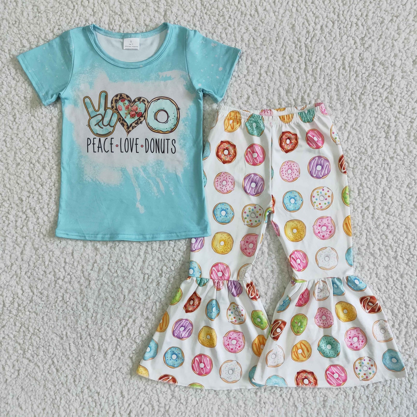 girl blue top and white bell bottoms suit kids short sleeve outfit with peace and love print