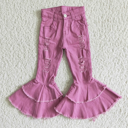 girl washed pink purple jeans kid high quality ripped double ruffle denim pants