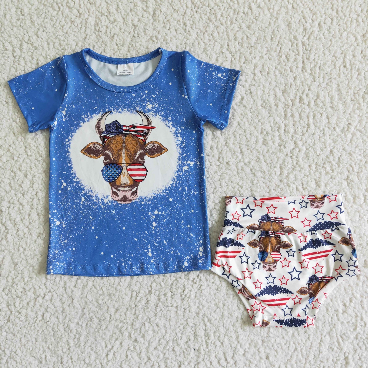 infants blue short sleeve top and star bummie suit babys 2pieces with cow print