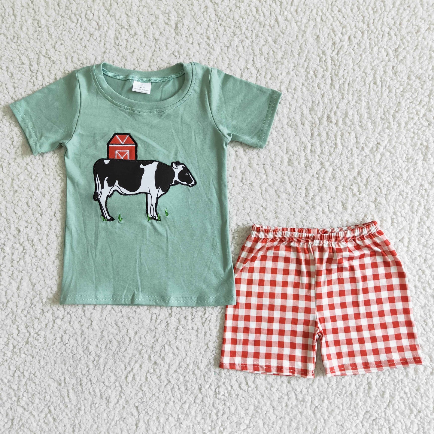 boy milk cow embroidery top and plaid shorts set kids farm outfit