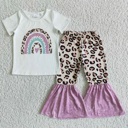 girl white top match leopard and tie-dye stitching bell bottom suit kids rainbow outfit