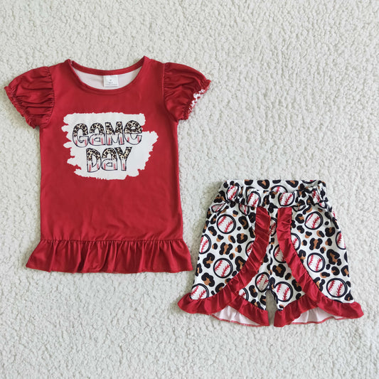 girl red puff sleeve top and softball shorts 2pcs