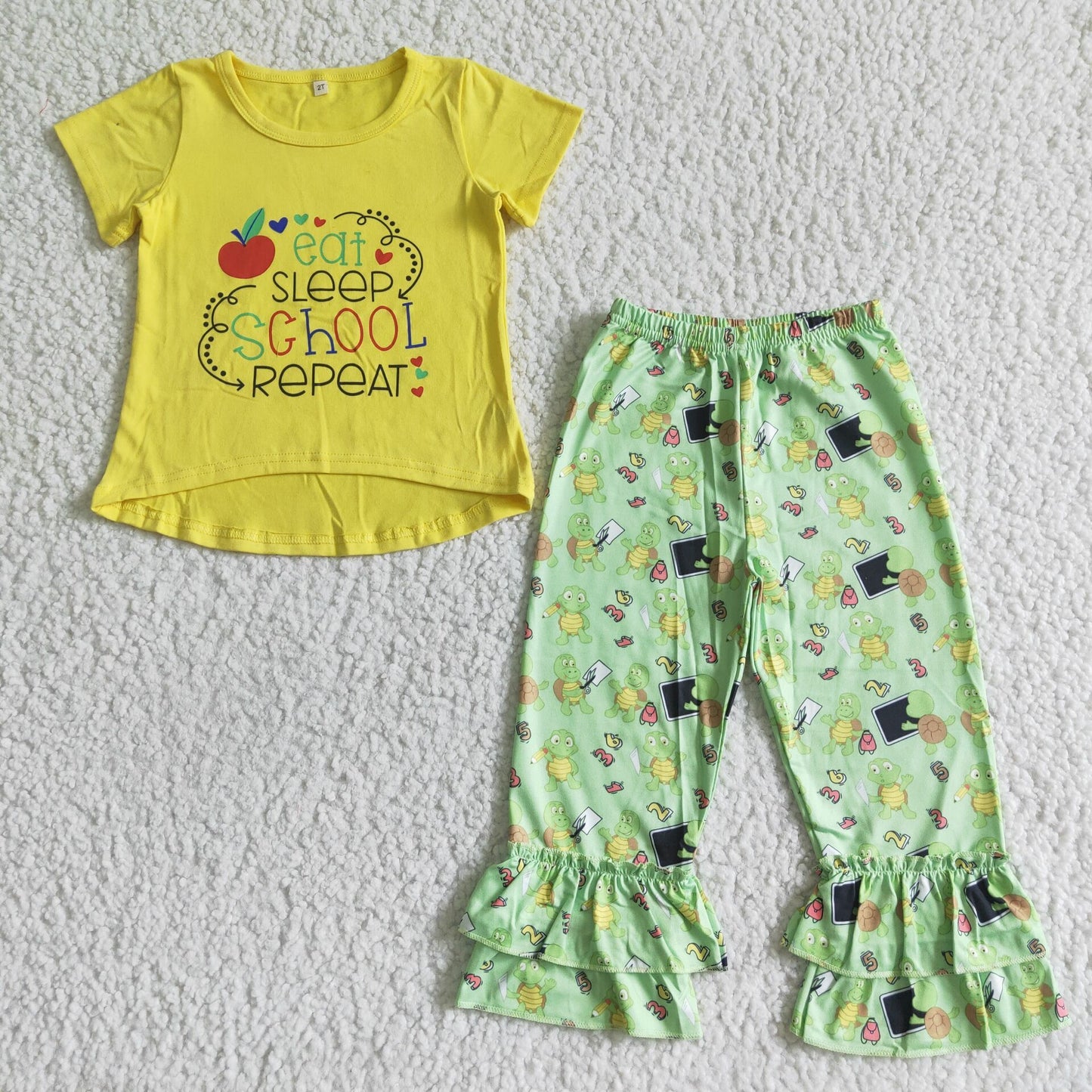 C15-31-1 girl back to school outfit kids yellow top match grenn ruffles pants 2 pcs