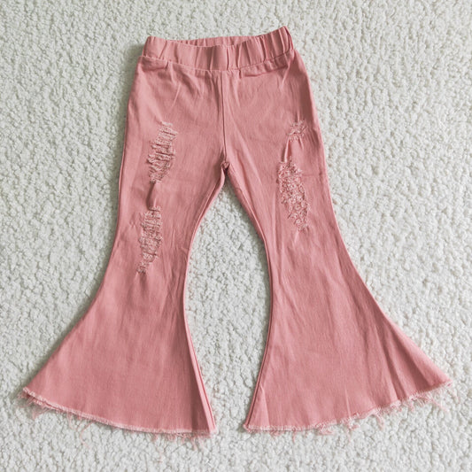 girl pink color washed  elastic waist denim bell pants