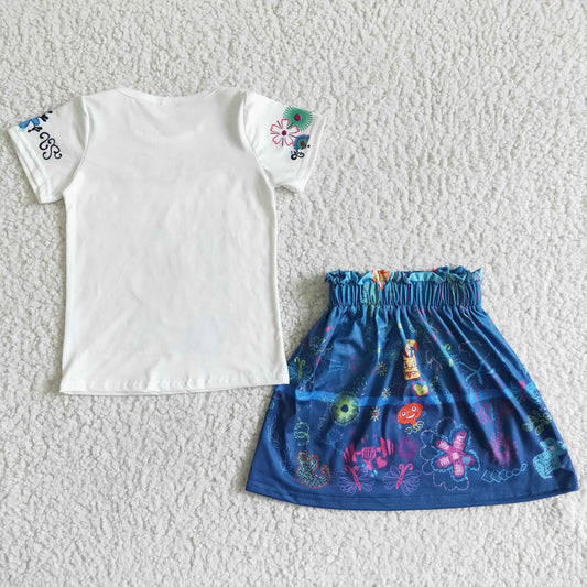 baby girls summer white flowers top match blue cartoon skirt suit