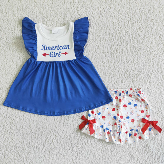 girl blue white stitching top and ice cream print shorts outfit for July 4th