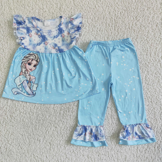 baby girls blue flutter sleeve top and tie-dye ruffle pants suit