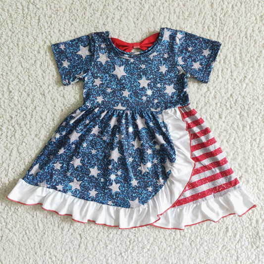 Independence Day Girl Short Sleeve Frock Star And Stripes Print Twirl Dress With Bow