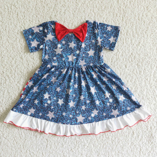 Independence Day Girl Short Sleeve Frock Star And Stripes Print Twirl Dress With Bow