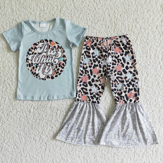 girl star and leopard stitching print outfit with short sleeve top and flare pants