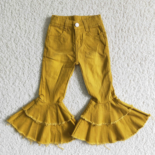 girl yellow double ruffles high quality washed jeans