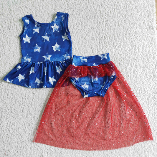 girl Independence Day sleeveless outfit kids gauze skirt and star tank 2pcs