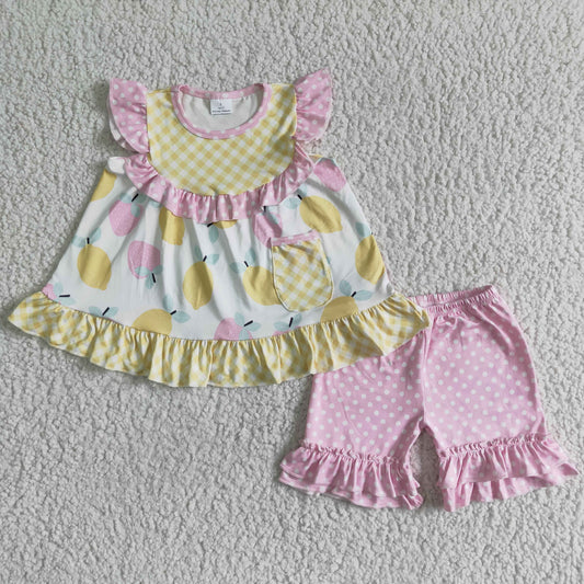girl lemon and strawberry  pattern summer short sleeve outfit with pocket kids polka dot outfit