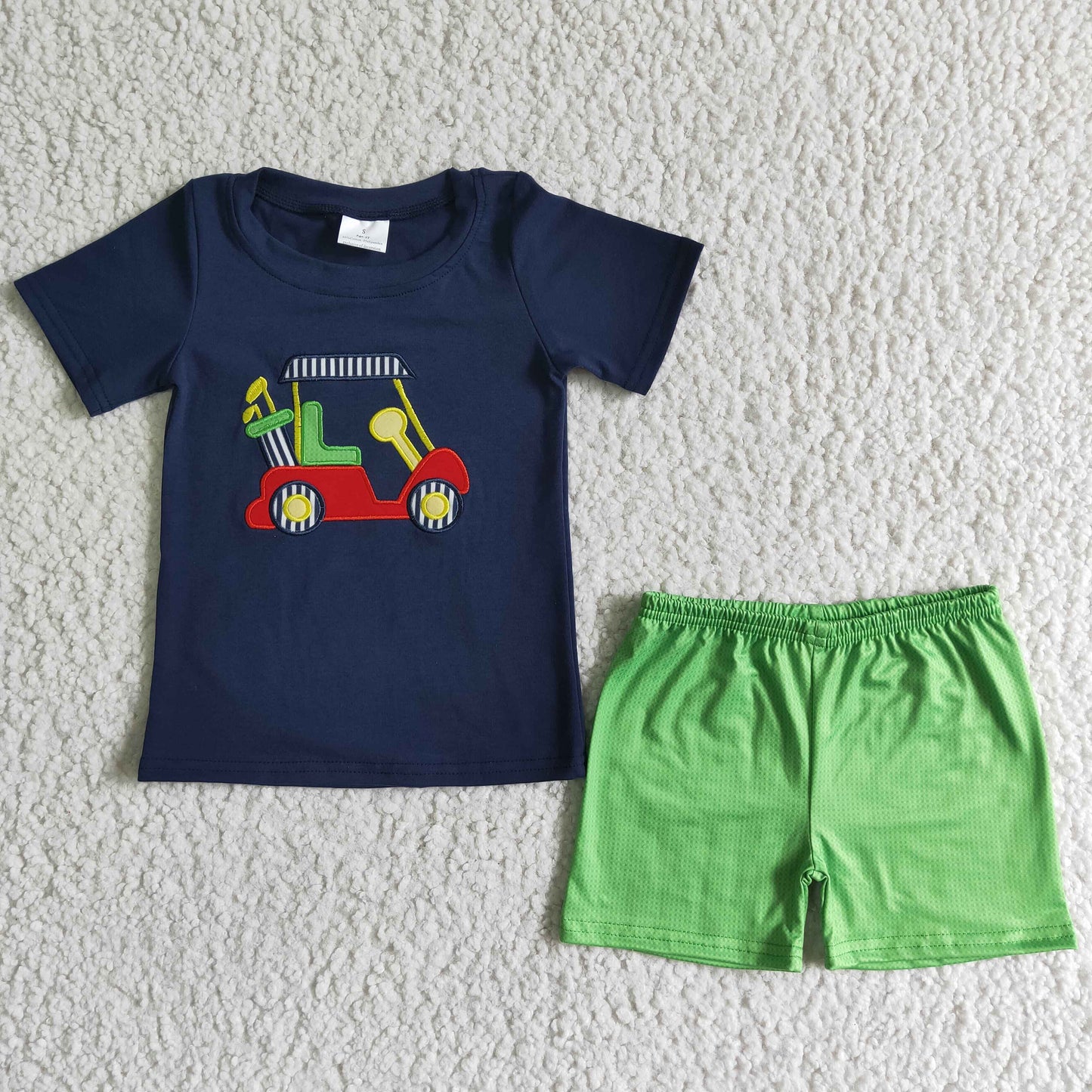 boy high quality embroidery truck shirt green shorts 2pcs kids summer short sleeve outfit