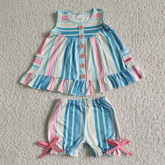 girl stripes print tnak top and shorts with bow fashion buttons design kid outfit