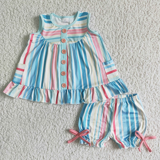 girl stripes print tnak top and shorts with bow fashion buttons design kid outfit