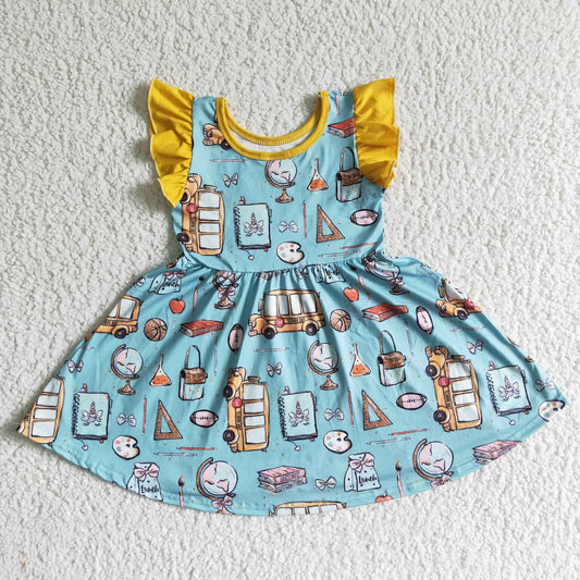 girl flutter sleeve o-neck twirl dress kids back to school bus pattern frock