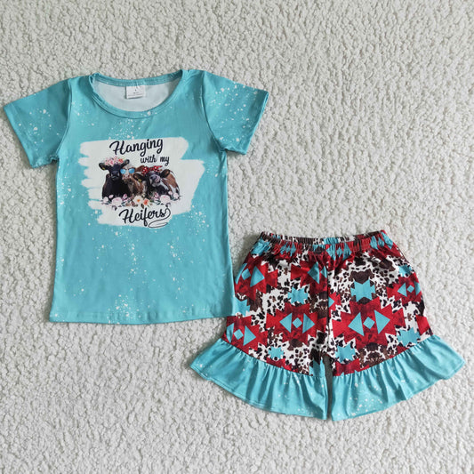 girl blue short sleeve shirt and shorts set kids summer cow print outfit