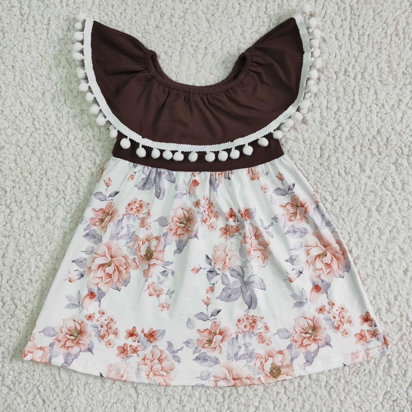 new arrival girl short sleeve frock kids sumer floral and brown stitching dress